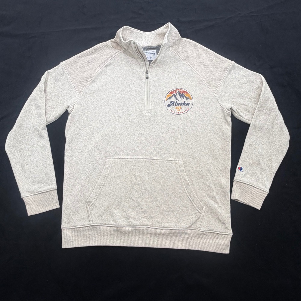 Champion Mens Alaska Last Frontier Quarter Zip Pullover Sweatshirt Oatmeal L